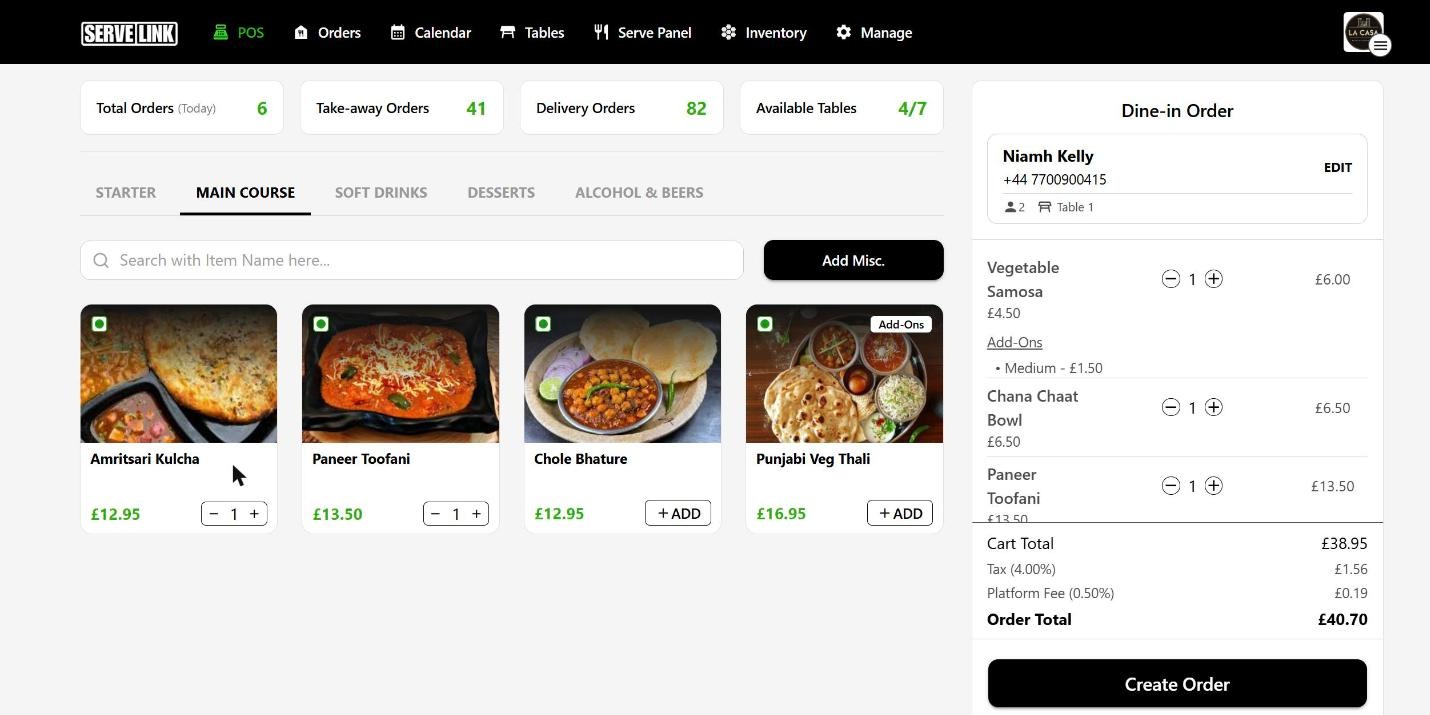 The Serve-Link till showing main courses with a live dine-in cart