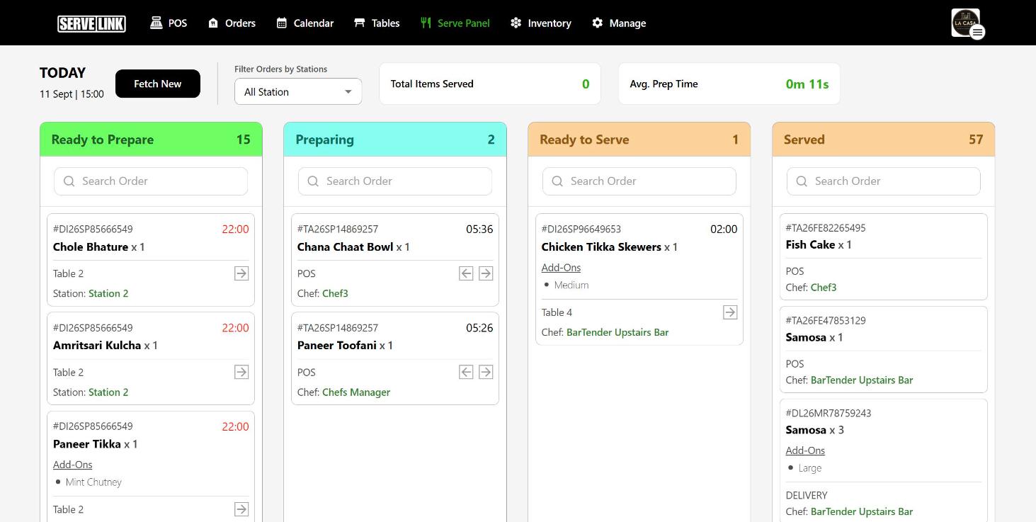 The Serve-Link Serve Panel with ready to prepare, preparing, ready to serve and served columns
