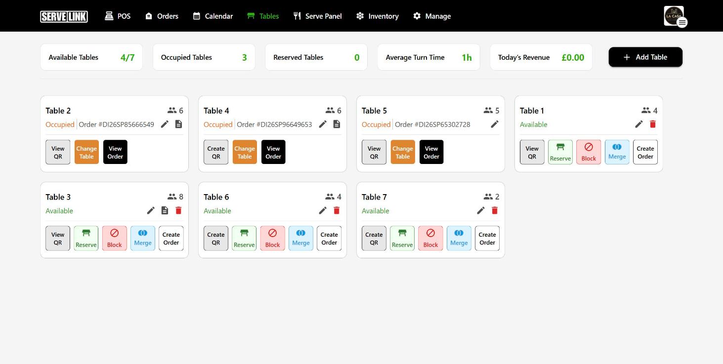 The Serve-Link tables screen showing occupied and available tables with QR and order actions