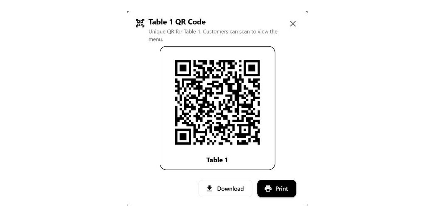 A per-table QR code ready to download or print from the Serve-Link tables screen
