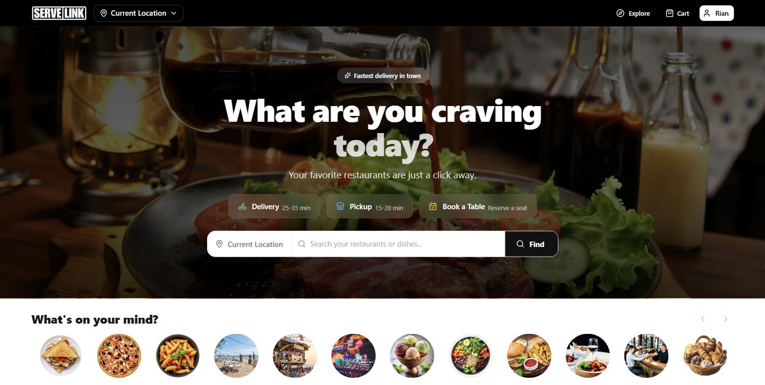 The Serve-Link marketplace home page with delivery, pickup and table booking options